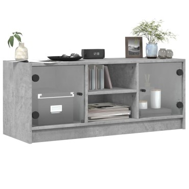 vidaXL Έπιπλο Τηλεόρασης Γκρι Σκυροδ. 102x37x42cm Γυάλινες Πόρτες