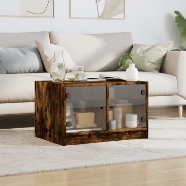 vidaXL Τραπεζάκι Σαλονιού Καπνιστή Δρυς 68x50x42cm με Γυάλινες Πόρτες 1 τεμ.