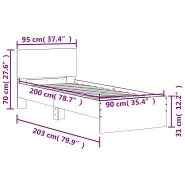 vidaXL Πλαίσιο Κρεβατιού με Κεφαλάρι Μαύρο 90x200cm Επεξεργ. Ξύλο 1 τεμ. - Μονό