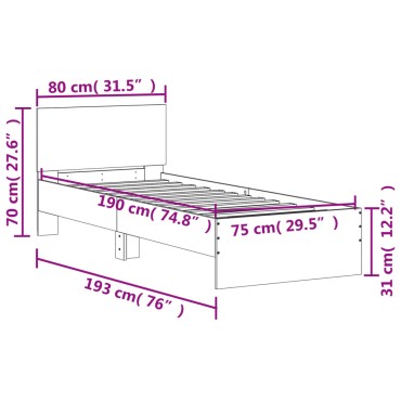 vidaXL Πλαίσιο Κρεβατιού με Κεφαλάρι Λευκό 75x190 εκ. Επεξ. Ξύλο