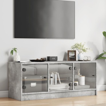vidaXL Έπιπλο Τηλεόρασης Γκρι Σκυροδ. 102x37x42cm Γυάλινες Πόρτες