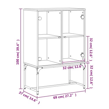 vidaXL Βοηθητικό Ντουλάπι Sonoma Γκρι 69x37x100cm με Γυάλινες Πόρτες 1 τεμ.