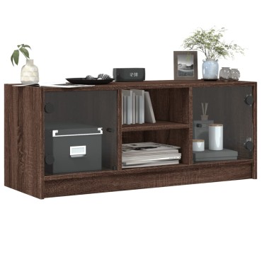 vidaXL Έπιπλο Τηλεόρασης Καφέ Δρυς 102x37x42cm Γυάλινες Πόρτες