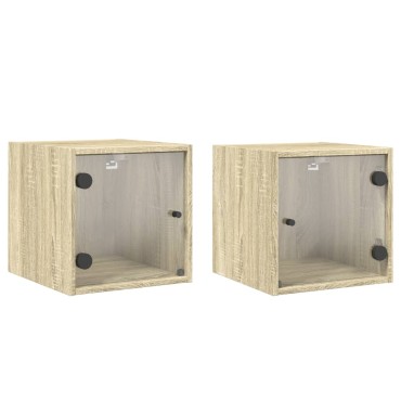 vidaXL Κομοδίνα 2 τεμ. Sonoma Δρυς 35x37x35cm με Γυάλινες Πόρτες