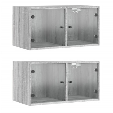 vidaXL Κομοδίνα 2 τεμ. Γκρι Sonoma 68,5x37x35cm με Γυάλινες Πόρτες