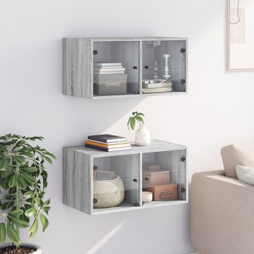 vidaXL Κομοδίνα 2 τεμ. Γκρι Sonoma 68,5x37x35cm με Γυάλινες Πόρτες