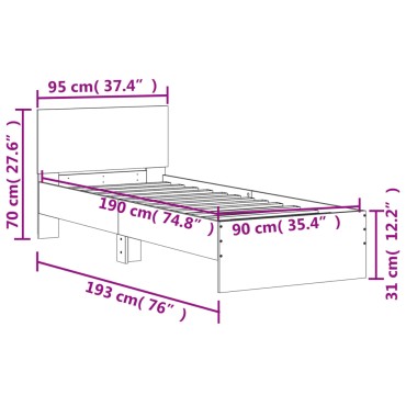 vidaXL Πλαίσιο Κρεβατιού με Κεφαλάρι Μαύρο 90x190cm Επεξ. Ξύλο 1 τεμ. - Μονό
