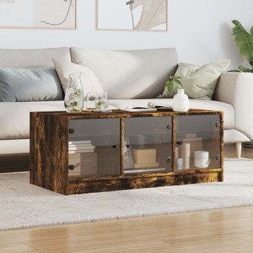 vidaXL Τραπεζάκι Σαλονιού Καπνιστή Δρυς 102x50x42cm με Γυάλινες Πόρτες 1 τεμ.