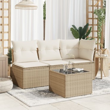 vidaXL Τραπέζι Κήπου με Γυάλινη Επιφάνεια Μπεζ 55x55x37cm Συνθ Ρατάν 1 τεμ.