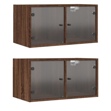 vidaXL Κομοδίνα 2 τεμ. Καφέ Δρυς 68,5x37x35cm με Γυάλινες Πόρτες