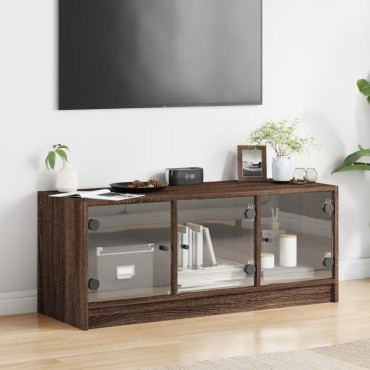 vidaXL Έπιπλο Τηλεόρασης Καφέ Δρυς 102x37x42cm Γυάλινες Πόρτες