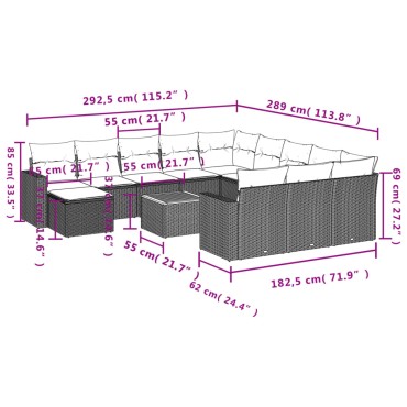 vidaXL Σαλόνι Κήπου 13 τεμ. Μαύρο από Συνθ. Ρατάν με Μαξιλάρια 55x55cm  Γωνιακός