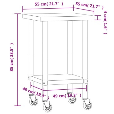 vidaXL Πάγκος Εργασίας Κουζίνας με Ροδάκια 55x55x85 εκ Ανοξείδ. Ατσάλι