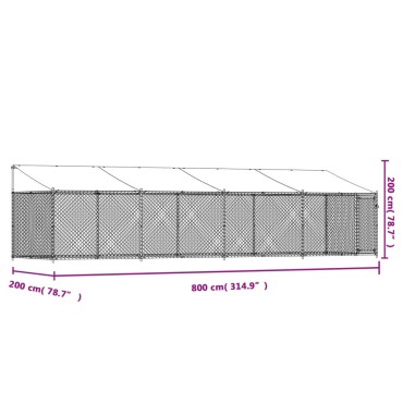 vidaXL Κλουβί Σκύλου με Οροφή και Πόρτες Γκρι 8x2x2 μ. Γαλβ. Χάλυβας