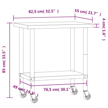 vidaXL Πάγκος Εργασίας Κουζίνας με Ροδάκια 82,5x55x85 εκ. Ανοξ. Ατσάλι