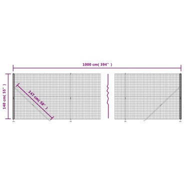 vidaXL Συρματόπλεγμα Περίφραξης Ανθρακί 1,4x10 μ. με Βάσεις Φλάντζα