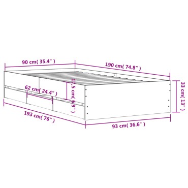 vidaXL Πλαίσιο Κρεβατιού με Συρτάρια Γκρι Σκυρ. 90x190 εκ. Επεξ. Ξύλο