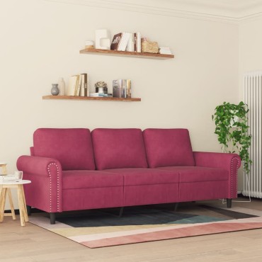 vidaXL Καναπές Τριθέσιος Μπορντό Βελούδινος 212x77x80cm 1 τεμ.