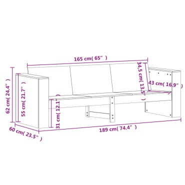 vidaXL Καναπές Κήπου Τριθέσιος Καφέ 189x60x62cm Μασίφ Ξύλο Πεύκου