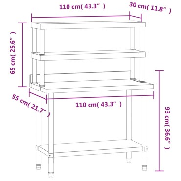 vidaXL Πάγκος Εργασίας Κουζίνας με Ράφι 110x55x150 εκ. Ανοξείδ. Ατσάλι