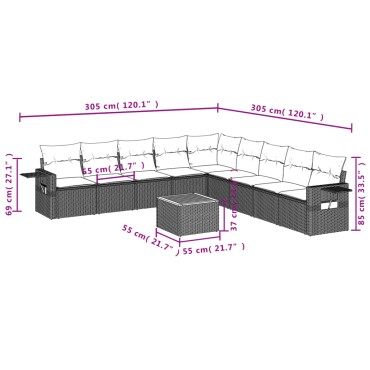 vidaXL Σετ Καναπέ Κήπου 10 τεμ. Μπεζ Συνθετικό Ρατάν με Μαξιλάρια 55x55cm  Γωνιακός