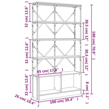 vidaXL Βιβλιοθήκη Γκρι Sonoma 100x26x180cm Επεξεργ. Ξύλο & Μέταλλο 1 τεμ.