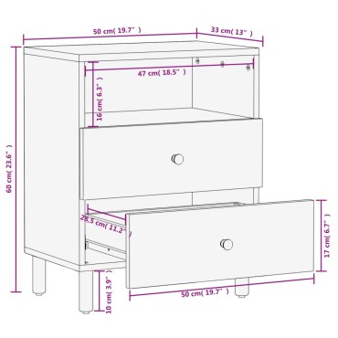 vidaXL Κομοδίνο Μαύρο 50x33x60cm από Μασίφ Ξύλο Μάνγκο 1 τεμ.