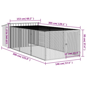 vidaXL Σπιτάκι Σκύλου με Αυλή Ανθρακί 153x396x110 εκ. Γαλβαν. Χάλυβας