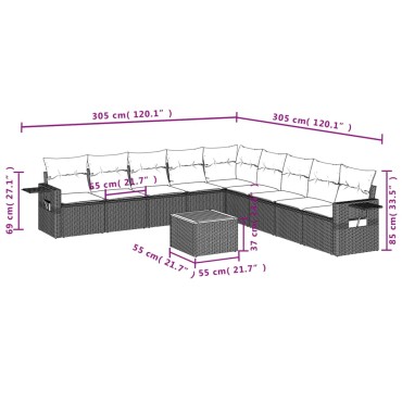 vidaXL Σαλόνι Κήπου Σετ 10 τεμ. Μαύρο Συνθετικό Ρατάν με Μαξιλάρια 55x55cm  Γωνιακός