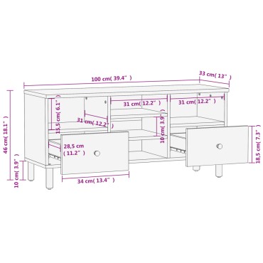 vidaXL Έπιπλο Τηλεόρασης Μαύρο 100x33x46cm από Μασίφ Ξύλο Μάνγκο