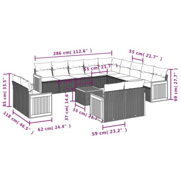 vidaXL Σαλόνι Κήπου Σετ 14 τεμ. με Μαξιλάρια Μαύρο Συνθετικό Ρατάν 55x55cm