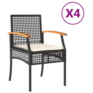 vidaXL Καρέκλες Κήπου 4 τεμ. Μαύρες Συνθ. Ρατάν/Ξύλο Ακακίας+Μαξιλάρια 46,5x49cm