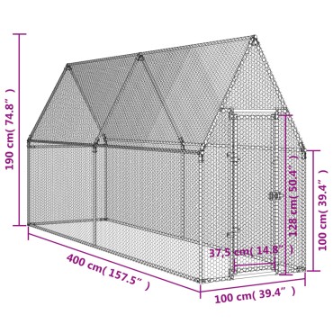 vidaXL Κοτέτσι - Κλουβί Ασημί 400x100x190 εκ. από Γαλβανισμένο Χάλυβα