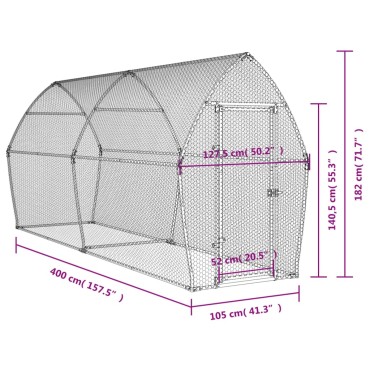 vidaXL Κοτέτσι - Κλουβί Ασημί 400x105x182 εκ. από Γαλβανισμένο Χάλυβα