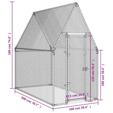 vidaXL Κοτέτσι - Κλουβί Ασημί 200x100x190 εκ. από Γαλβανισμένο Χάλυβα