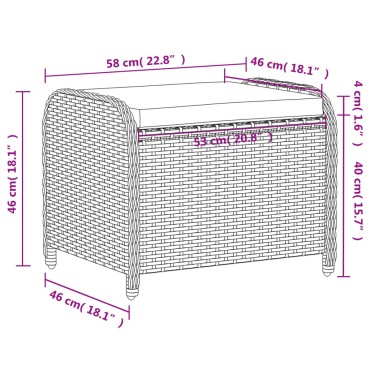 vidaXL Υποπόδιο Κήπου Μαύρο 58x46x46cm Συνθετικό Ρατάν με Μαξιλάρι 1 τεμ.