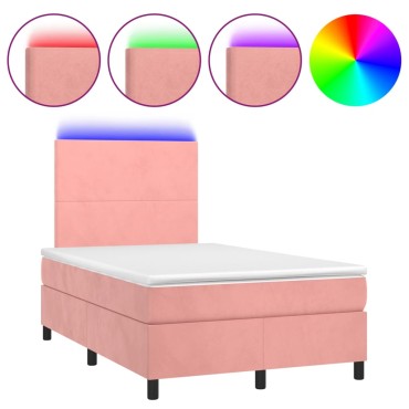vidaXL Κρεβάτι Boxspring με Στρώμα & LED Ροζ 120x190 εκ. Βελούδινο