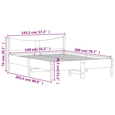 vidaXL Σκελετός Κρεβ. Χωρίς Στρώμα Λευκό 140x200cm Μασίφ Πεύκο 1 τεμ. - Διπλό