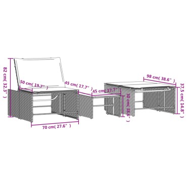 vidaXL Ξαπλώστρες 2 τεμ. Καφέ από Συνθετικό Ρατάν με Τραπέζι 70x98x3cm