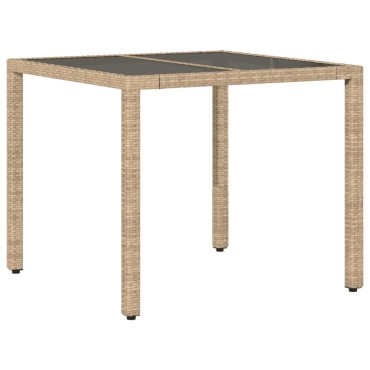 vidaXL Τραπέζι Κήπου Γυάλινη Επιφάνεια Μπεζ 90x90x75cm Συνθ. Ρατάν 1 τεμ.