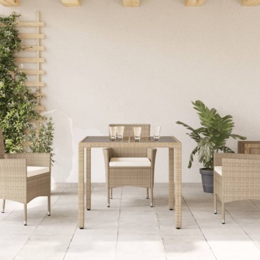 vidaXL Τραπέζι Κήπου Γυάλινη Επιφάνεια Μπεζ 90x90x75cm Συνθ. Ρατάν 1 τεμ.