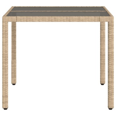 vidaXL Τραπέζι Κήπου Γυάλινη Επιφάνεια Μπεζ 90x90x75cm Συνθ. Ρατάν 1 τεμ.