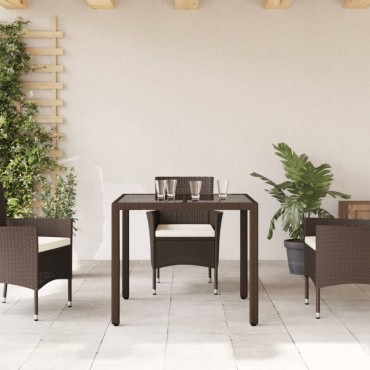 vidaXL Τραπέζι Κήπου με Γυάλινη Επιφάνεια Καφέ 90x90x75cm Συνθ. Ρατάν 1 τεμ.