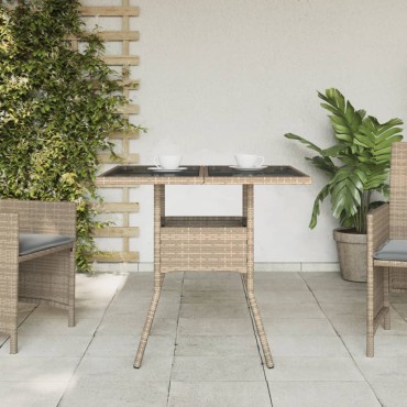 vidaXL Τραπέζι Κήπου Γυάλινη Επιφάνεια Μπεζ 80x80x75cm Συνθ. Ρατάν 1 τεμ.