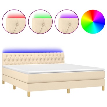vidaXL Κρεβάτι Boxspring με Στρώμα & LED Κρεμ 180x200 εκ. Υφασμάτινο