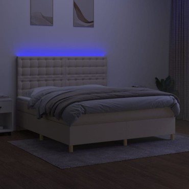 vidaXL Κρεβάτι Boxspring με Στρώμα & LED Κρεμ 180x200cm Υφασμάτινο 1 τεμ. - Διπλό