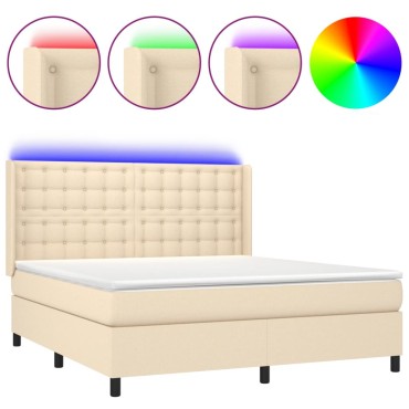 vidaXL Κρεβάτι Boxspring με Στρώμα & LED Κρεμ 180x200cm Υφασμάτινο 1 τεμ. - Διπλό
