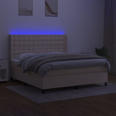 vidaXL Κρεβάτι Boxspring με Στρώμα & LED Κρεμ 180x200cm Υφασμάτινο 1 τεμ. - Διπλό