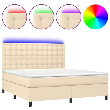 vidaXL Κρεβάτι Boxspring με Στρώμα & LED Κρεμ 180x200cm Υφασμάτινο 1 τεμ. - Διπλό
