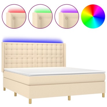 vidaXL Κρεβάτι Boxspring με Στρώμα & LED Κρεμ 180x200cm Υφασμάτινο 1 τεμ. - Διπλό